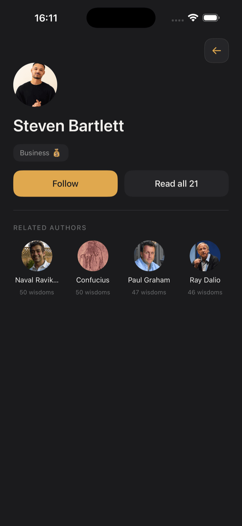 Steven Bartlett's author page in Timeless, with a Follow button, all 21 of his passages, and related authors.