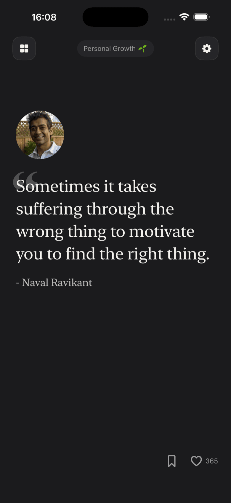 The Timeless feed: a full-screen passage by Naval Ravikant under the Personal Growth topic.