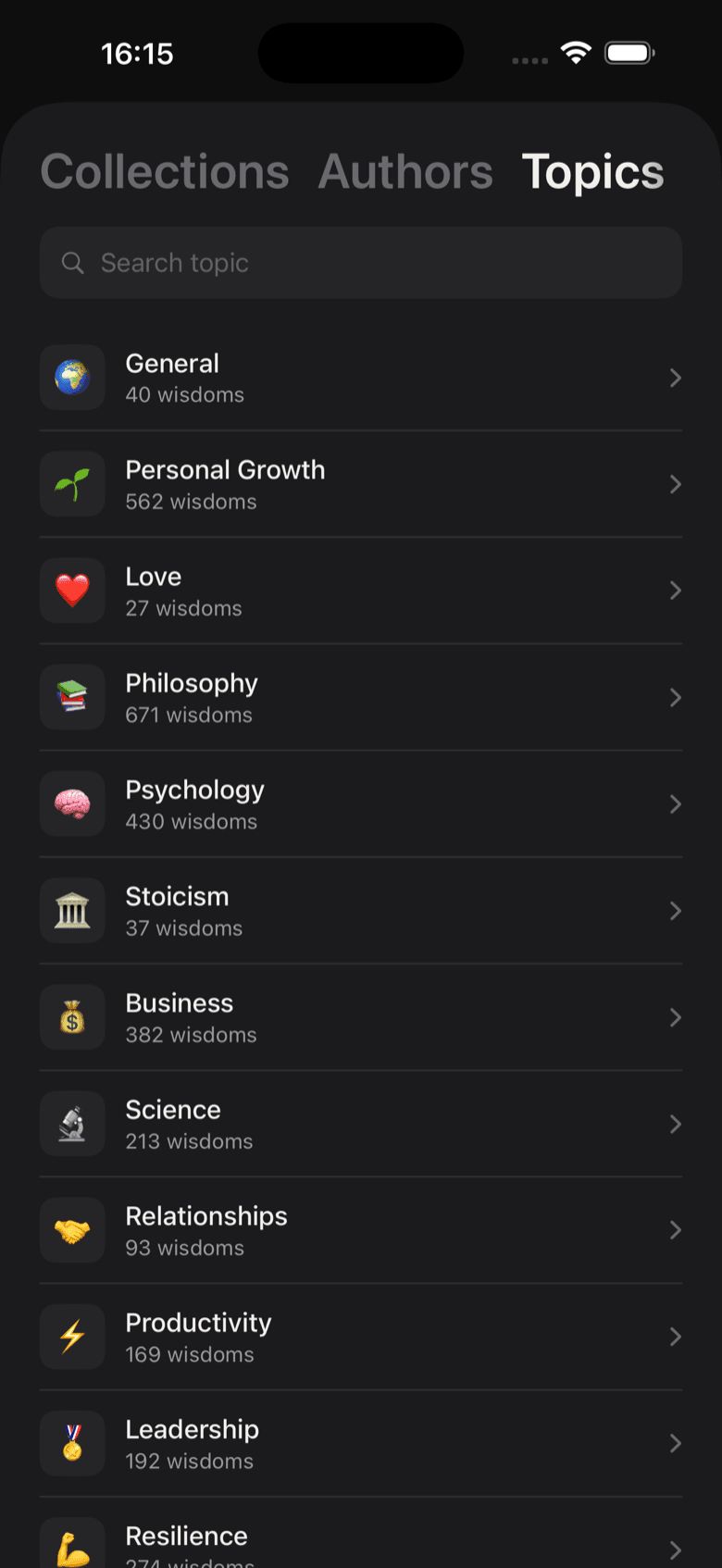 The Timeless library, listing all twelve topics with the number of passages in each.